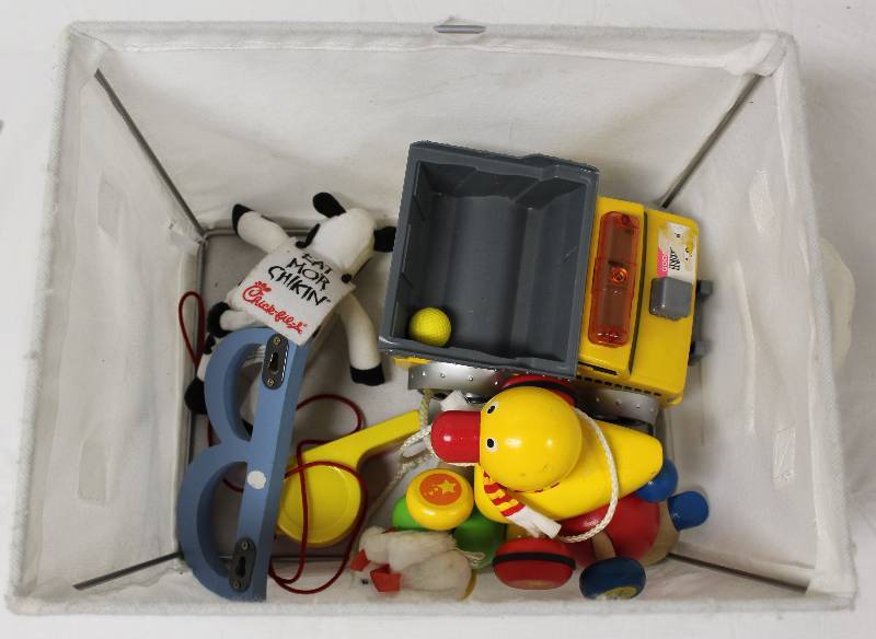 lot 9383 image: Child Toys - Dump Truck, Whistle, Wooden Pull Toy and More.