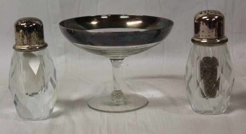 lot 9392 image: Heavy Silver & Glass Salt & Pepper Shakers and Silver Rimmed Glass