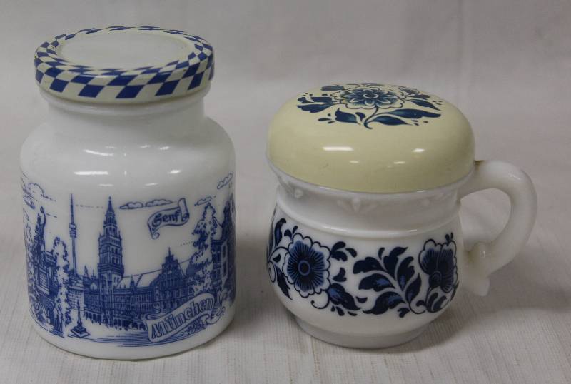 lot 9393 image: 2 Small White and Blue Glass Jars
