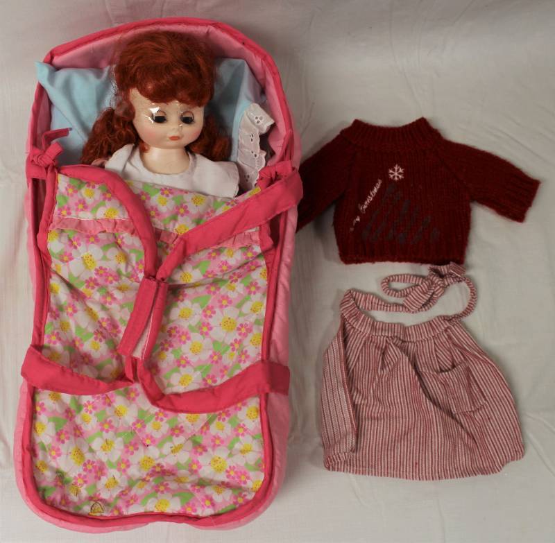 lot 9397 image: Child Baby Doll Set - Doll, Carrier, and Clothes.