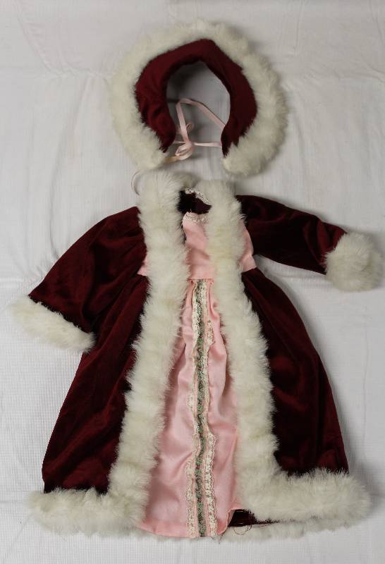 lot 9398 image: Childs Doll Red Velvet with Fur Trim Dress and Hat