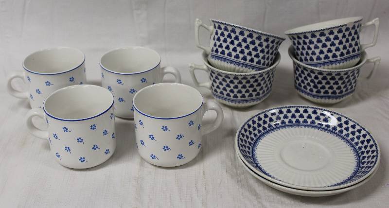 lot 9402 image: Blue & White Coffee and Tea Set - 4 Coffee Cups, 4 Adams Tea Cups, and 2 Saucers.