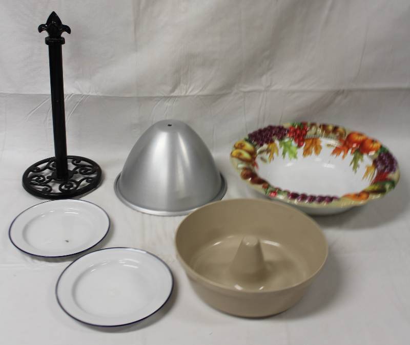 lot 9412 image: Kitchen Assortment - Paper Towel Holder, Metal Plates, and Baking.