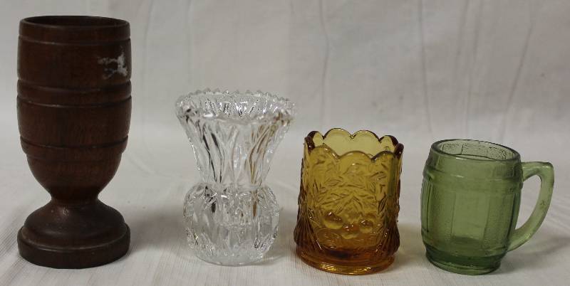 lot 9415 image: Vintage Toothpick Holders - 1 Wooden, 3 Glass.