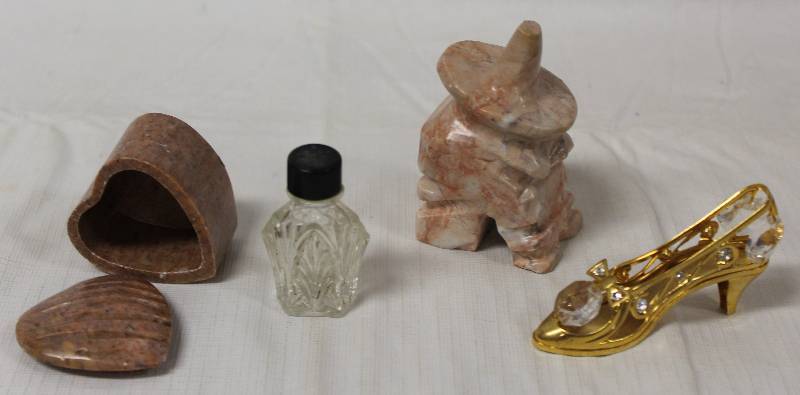 lot 9424 image: Small Marble Heart Box and Figure, Mini Perfume Bottle, Gold and Gemstone Shoe.
