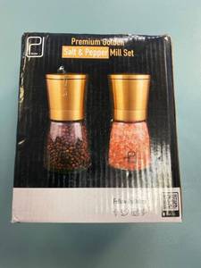 lot 1537 image: Premium golden salt and pepper mill set