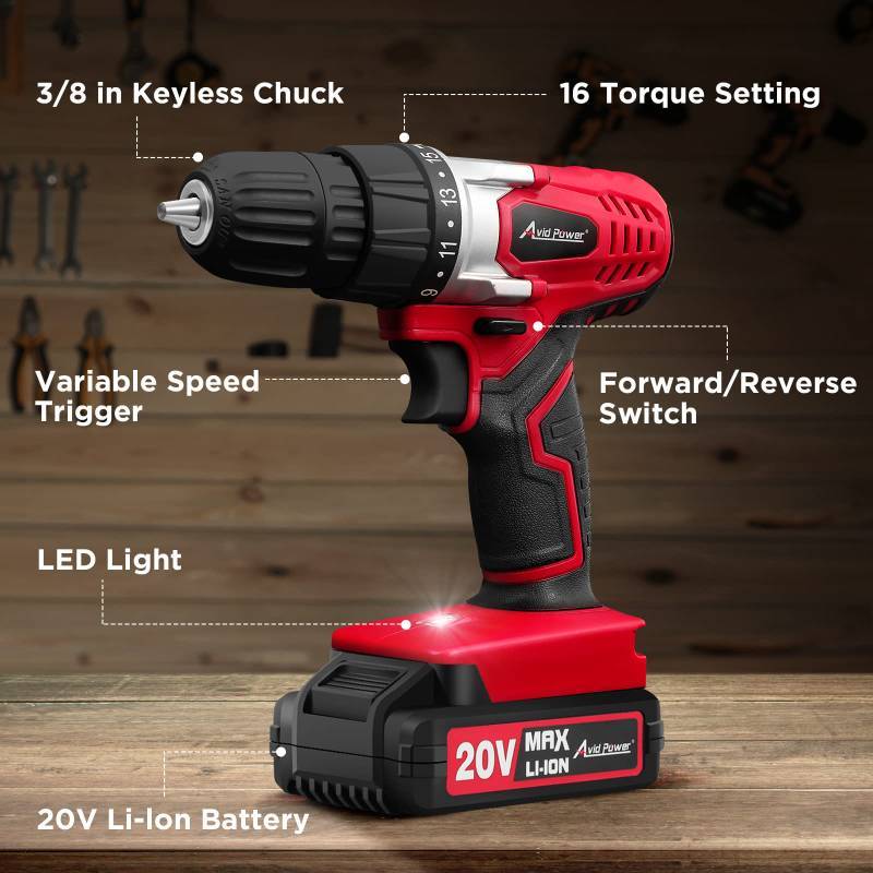 AVID POWER 20V MAX Lithium lon Cordless Drill Set Power Drill Kit with Battery and Charger 3 8 Inch Keyless Chuck Variable Speed 16 Position and 22pcs Drill Bits Red Welcome to KC