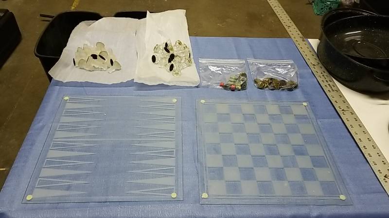 lot 3181 image: 3 Game Glass Set  - Chess Checkers Backgammon