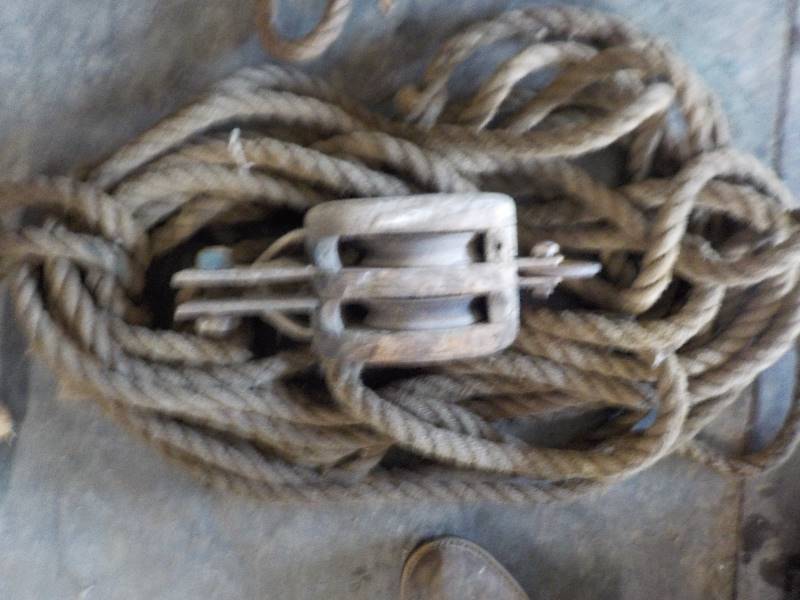 lot 3794 image: antique anvil block and tackle wood and steel w unknown footage of rope