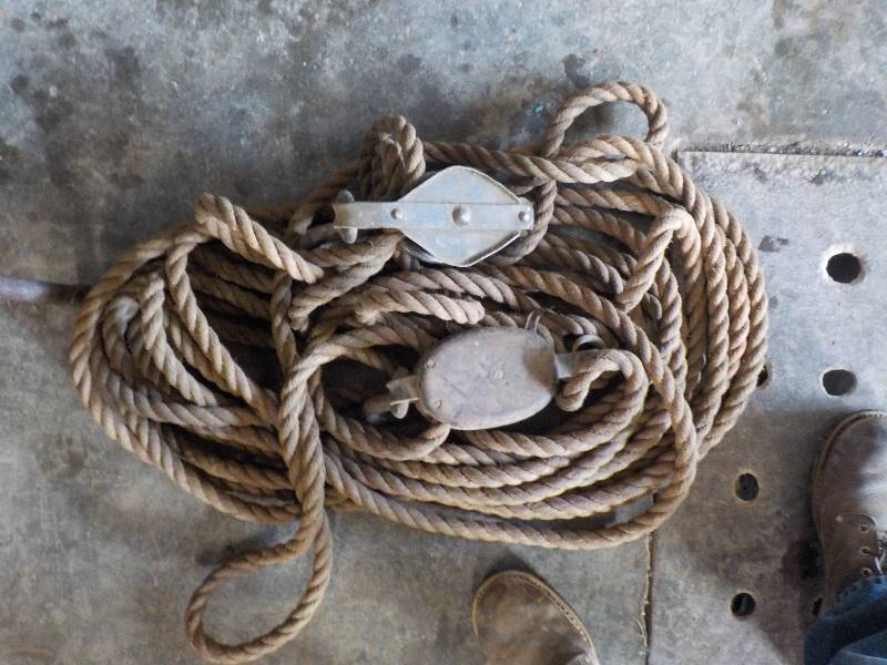 lot 3795 image: antique wood and steel block and tackle and steel block and tackle w unknown footage of rope