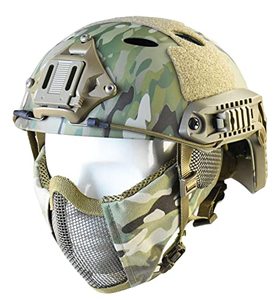 lot 1570 image: Tactical Foldable Half Face Airsoft Mesh Mask with Ear Protection and Tactical Airsoft Fast Helmet Adjustable H-Nape Helmet Chin Strap Large Size for Older Teenager or Adult (CAMO)
