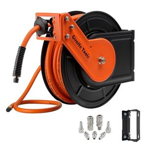 lot 1611 image: Giraffe Tools TA15B Retractable Air Hose Reel Wall Mount 38 x 50 ft Hybrid Hose, Air Compressor Heavy Duty Steel Reel Auto Rewind 300PSI, 50ft, Tangelo - Retail $93.33