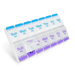 lot 83779 image: EZY DOSE Push Button (7-Day) Pill Case, Medicine Planner, Vitamin Organizer, 2 Times a Day AMPM, X-Large Compartments, Arthritis Friendly, Clear Lids, Purple and Blue, BPA Free