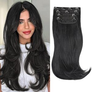 lot 83780 image: FREEMEIGE Black Hair Extensions Clip in Hair Extensions for Women Straight Layered Hair Extensions Synthetic Heat Resistant Long Wavy Daily Use 20 Inch