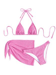 lot 83804 image: SHENHE Womens 3 Piece Textured High Cut Halter Triangle Bikini Swimsuit with Cover Up Pink M