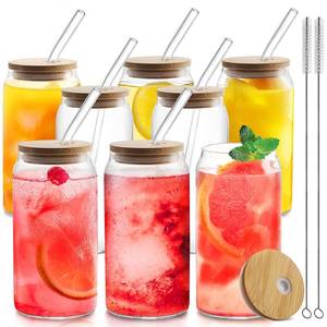 lot 83837 image: HOMBERKING Glass Cups with Bamboo Lids and Straws 8pcs Set, 20oz Can Shaped Cups, Beer Glasses, Iced Coffee Cups, Cute Tumbler with 2 Cleaning Brushes, Ideal for Cocktail, Whiskey, Tea