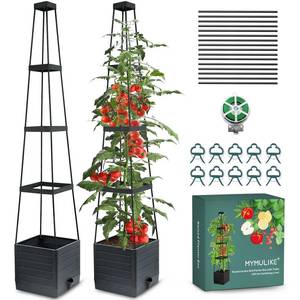 lot 83845 image: MYMULIKE Raised Garden Bed Planter Box with Trellis, 58� Tomato Cage Planter Raised Garden Bed with Trellis for Climbing Vegetables Plants Tomato Cage wSelf-Watering, Indoor Outdoor Use (1)