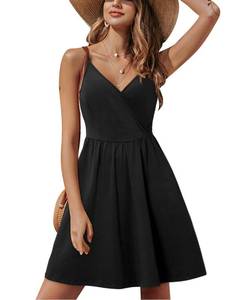 lot 83855 image: STYLEWORD Womens 2024 Summer V Neck Spaghetti Strap Sprig Dresses Casual Swing Sundress with Pocket(Black-429,M)