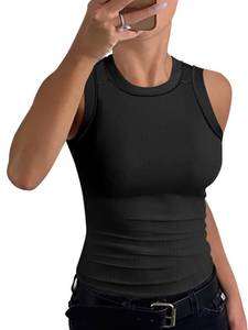 lot 83864 image: Caracilia Tank Top for Women Black High Neck Basic Ribbed Knit Cute Casual 2024 Summer Fashion Cami Tops Trendy Clothes A1394-yanheise-XL