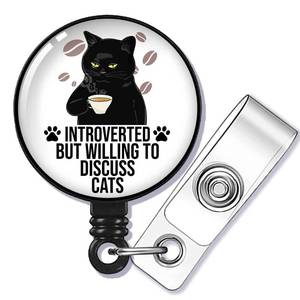 lot 83865 image: GEYGIE Introverted But Willing to Discuss Cats Badge Reel Retractable with Alligator Clip, Funny Black Cat ID Badge Holder Gift for Doctors Nurses Social Worker Office Worker Boss Cat Lovers