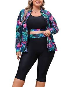 lot 83868 image: Hanna Nikole Womens Plus Size Rash Guard Swimsuit 3 Piece Printed Swimwear with Swim Capris Colorful 20W