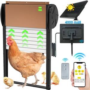 lot 83887 image: Automatic Chicken Coop Door Solar Powered-with APP Timer, Programmable Light Sensor Chicken Coop Doors, Anti-Pinch Type Aluminum Chicken Door, with Remote Control Automatic Chicken Door 5Modes - Retail $98.91