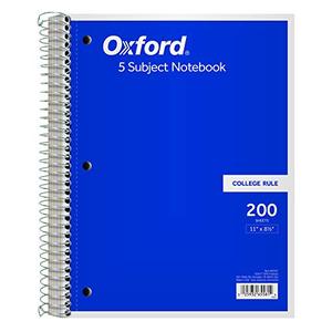 lot 83888 image: Oxford 5-Subject Notebook, 8-12 x 11, College Rule, 200 Sheets, 4 Dividers (65581)