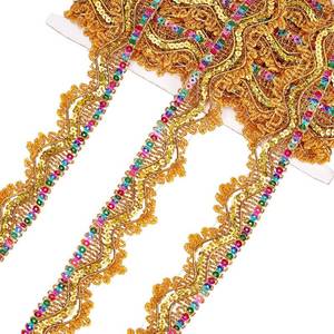 lot 83890 image: PH PandaHall 9.3 Yard Sequinned Lace Trim, 1-38 Inch(34mm) Metallic Polyester Lace Ribbon Golden Beaded Lace Trim Gimp Decorated Trim Craft Ribbon for DIY Craft Sewing Fabric Wedding Bridal Costume