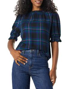 lot 83891 image: Amazon Essentials Womens Fluid Twill Short Puff Sleeve Smock Detail Shirt, Black Blue Chelsea Tartan, Medium