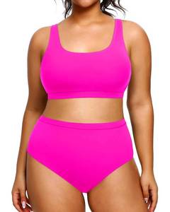 lot 83893 image: Daci Plus Size Two Piece High Waisted Bikini Set Sport Scoop Neck Swimsuit Full Coverage Bathing Suit Pink 14 Plus