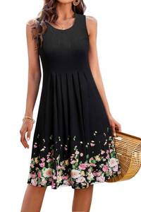 lot 83899 image: KILIG Women Floral Print Sundress Summer Casual 2024 High Waist Pleated Sleeveless Tank Dresses for Beach Hawaiian(A2-Black,L)