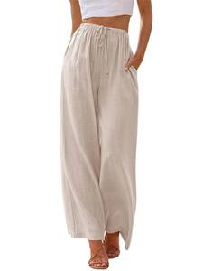 lot 83900 image: LILLUSORY Womens Palazzo Wide Leg Resort Wear High Waisted Linen Pants Flowy 2024 Fashion Trendy Casual Drawstring Trousers Cotton Dress Dressy Pants with Pockets Apricot