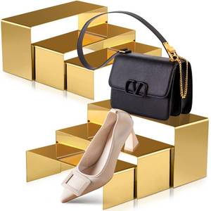 lot 83915 image: Ferraycle 6 Pcs Purse Display Stand Shoe Stand Handbag Display Risers Stainless Steel Perfume Stand Organizer Metal Retail Display Shelves for Table Boutique Jewelry Showcase Countertop (Gold)