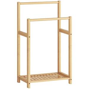 lot 83917 image: HOOBRO Freestanding Towel Rack, 2 Tier Decorative Bamboo Blanket Rack, Quilt Display Stand with Storage Shelf, 16.5 L x 9.4 W x 30.5 H, Bedroom, Bathroom, Living Room, Brown BR02LB01