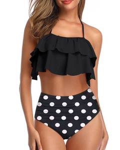 lot 83926 image: Tempt Me Women Black Polka Dot Two Piece Swimsuits High Waisted Bikini Teen Ruffle Tummy Control Bottoms Halter Bathing Suits M