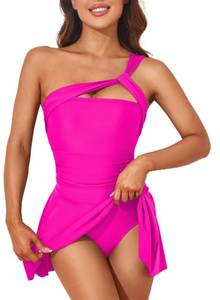 lot 83945 image: Aleumdr One Piece Swim Dress for Women One Shoulder Skirted Swimsuit Modest Tummy Control Bathing Suit with Shorts Rose Pink Large