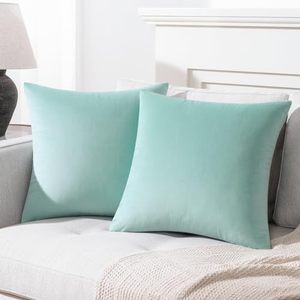 lot 83947 image: Mixhug Set of 2 Cozy Velvet Square Decorative Throw Pillow Covers for Couch and Bed, Turquoise, 18 x 18 Inches