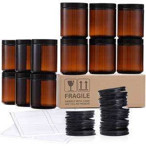 lot 83954 image: 12 Pack, 8 OZ Thick Glass Jars with Lids, Dark Amber Candle Jars with 12 Metal & 12 Plastic Lids - Empty Round Food Storage Containers, Canning Jar For Spice, Powder, Liquid, Sample - Dishwasher Safe