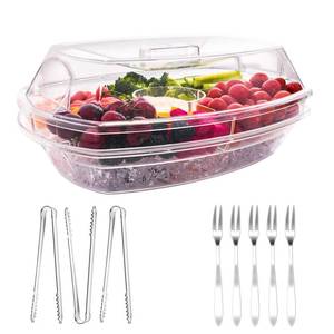 lot 83966 image: Funyakit Large Ice Serving Tray for Parties with 5 Stainless Steel Forks and 3 Tongs, Chilled Veggie Fruit Tray, Shrimp Cocktail Serving Dish, Appetizer Serving Platter with Lid and 4 Compartments