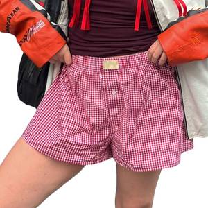lot 83970 image: Yuemengxuan Y2k Plaid Shorts Baggy Boxer Shorts for Women Elastic Waist Casual Lounge Bottom Gingham Pajama Shorts Sleepwear (Red #I7E, XL)