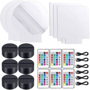 lot 83990 image: 6 Sets 3D Night LED Light Lamp Bases Including 6 Light Display Stands 6 Clear Acrylic Sheets 6 Remote Controls 6 Charging Cables, Adjustable 16 Colors 4 Modes Acrylic Lamp Base (Round, Square Style)
