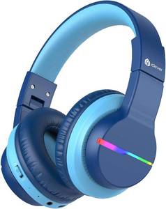 lot 83991 image: iClever BTH12 Kids Bluetooth Headphones,Colorful LED Lights Wireless Kids Headphones,748594dB Volume Limited,85H Playtime,Bluetooth 5.2,Over Ear Headphones Built-in Mic for iPadTabletAirplane,Blue