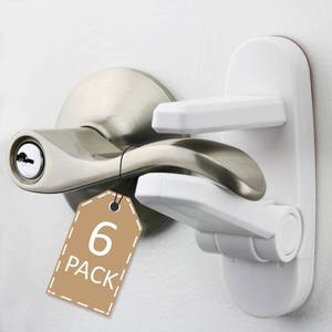 lot 83993 image: Door Lever Lock (6 Pack) Prevents Toddlers from Opening Doors. 3.25 L  1.5 W  4.5 H Easy One Hand Operation for Adults. Durable ABS with 3M Adhesive Backing. Simple Install, No Tools Needed.