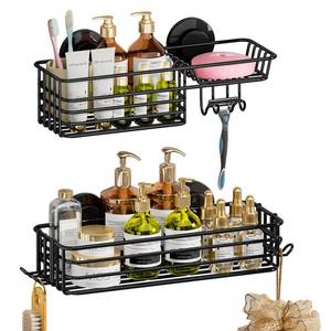 lot 83998 image: TAILI Shower Caddy Suction Cup 2 Pack with Hooks & Soap Holder, Heavy Duty Bathroom Shower Organizer, No Drilling Shower Shelves for Inside Shower, Stainless Steel Black Shower Holder Storage