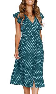lot 84024 image: MITILLY Womens Boho Polka Dot Flutter Short Sleeve V Neck Button Down Swing Midi Dress with Pockets X-Large Teal