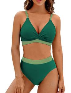 lot 84030 image: BMJL Womens High Waisted Bikini Sets V Neck Two Piece Swimsuit Color Block Twist Front Bathing Suits(XL,Green)