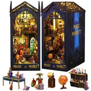 lot 84033 image: DIY Book Nook Kit, 3D Wooden Puzzle Bookshelf Decor with LED, Miniature Bookend Magic Pharmacist Dollhouse Kit for Teens and Adults