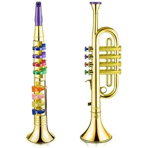 lot 84036 image: Amylove Set of 2 Music Instruments Include Toy Trumpet and Toy Saxophone Plastic Trumpet Portable Clarinet with Colored Keys Educational Toy for Home School Christmas Musical Gifts, Gold Finish
