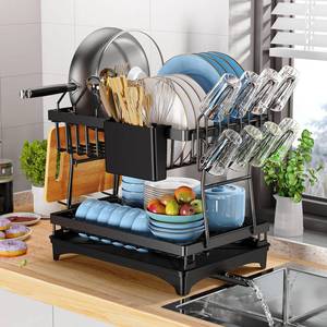 lot 84049 image: PKBD Rustproof Stainless Steel Dish Drying Rack,2 Tier Large Dish Rack for Kitchen Counter,Dish Rack with Drainboard,Utensil Holder & Cup Holder,Black