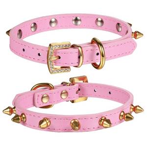 lot 84055 image: LOVPE One Row Golden Spiked Studded Leather Dog CollarCat Collar with Golden Rhinestone Buckle for Small DogCat Puppy Kitty (Pink, XS)
